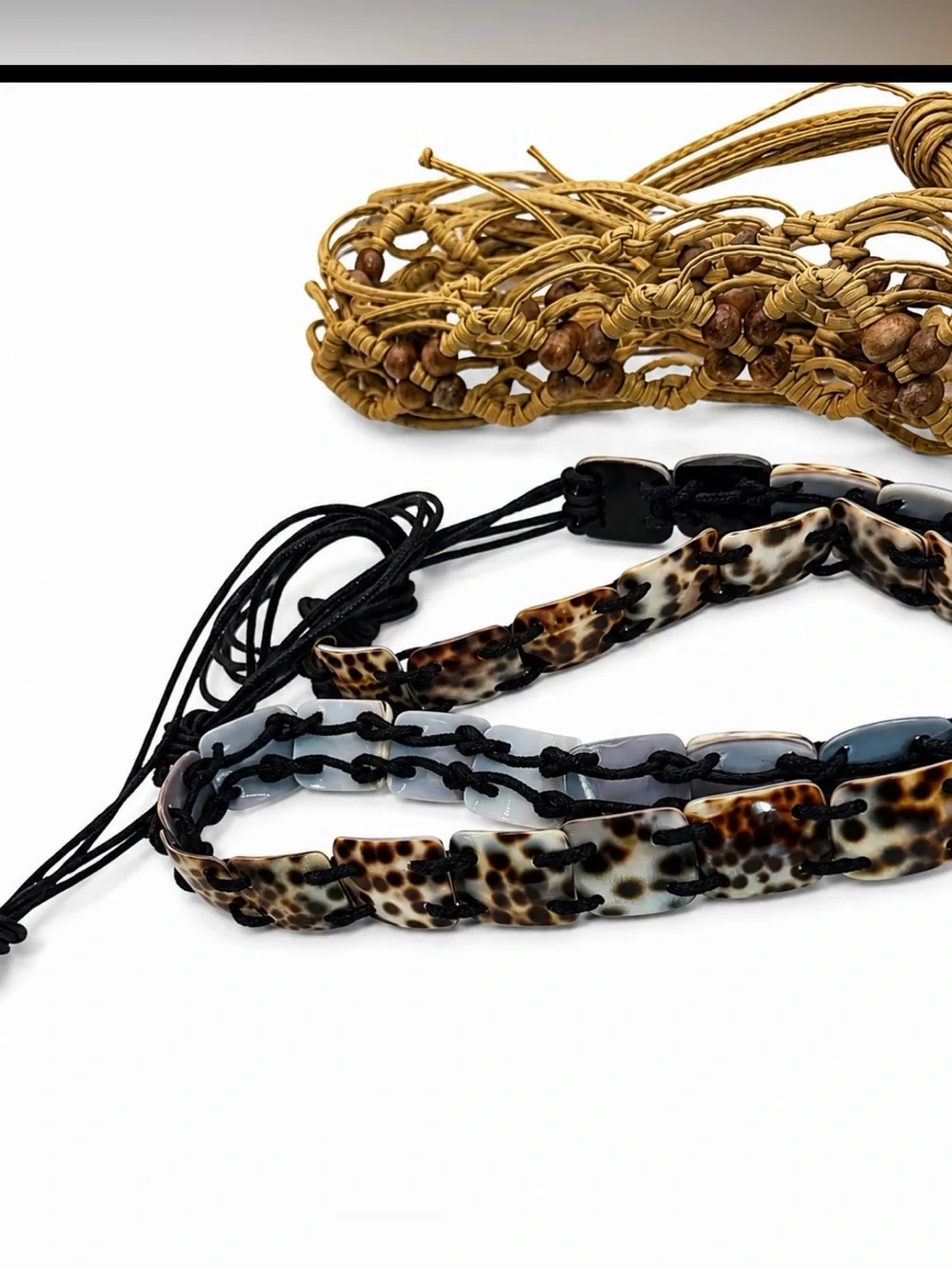 Cara NY Tortoiseshell Cord Belt + Tan Macrame Beaded Tie Belt Set